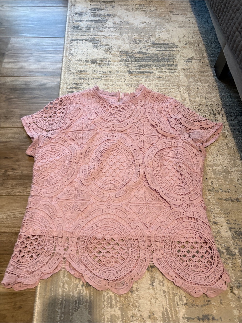 Ultra Pink Crochet Lace Short Sleeve Blouse in Light Pink